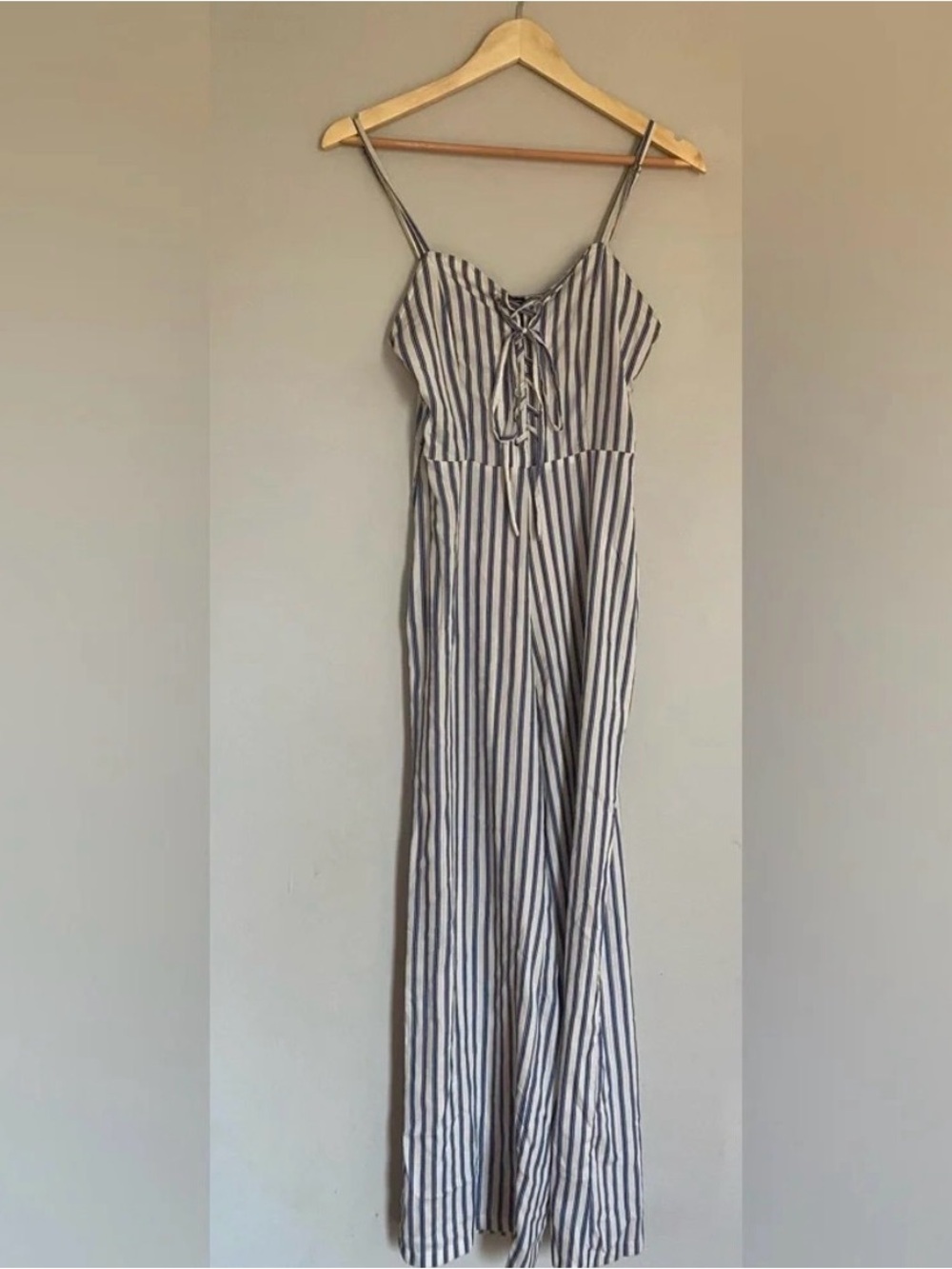 PrettyLittleThing Spaghetti Strap Blue and Black Striped Jumpsuit Size 2